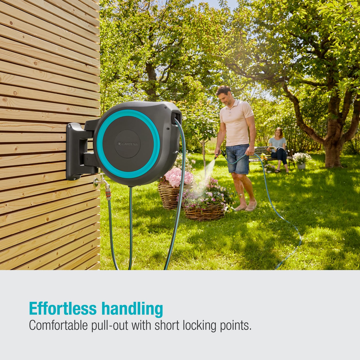 Gardena Wall-Mounted Hose Box Rollup XL (Turquoise) 35 m: Versatile Watering System for Large Gardens, Swivel Hose Box, Including 35 m Gardena Hose and mounting kit (18630-20)