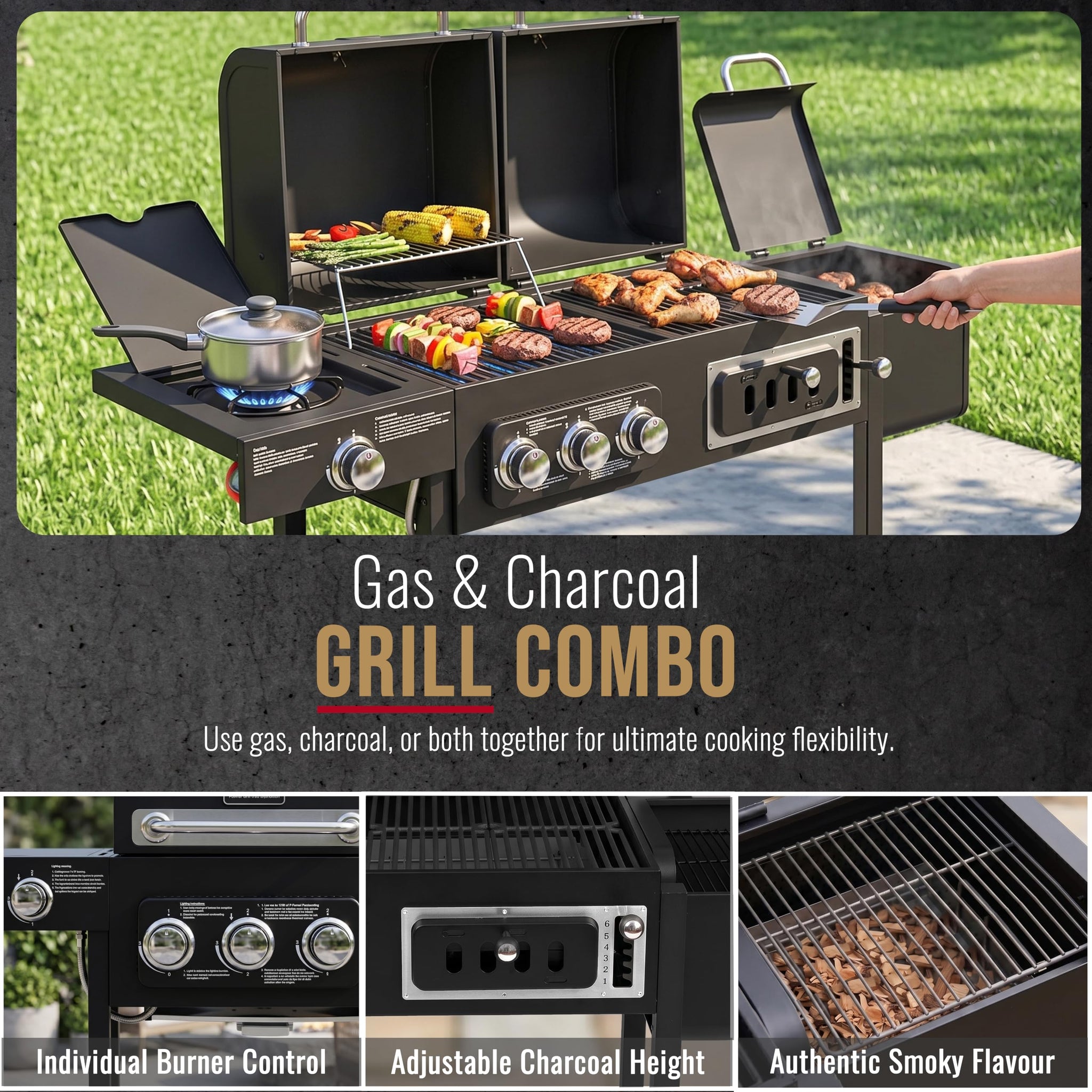 CosmoGrill Hybrid 4 Burner Barbecue DUO Dual Fuel BBQ 3+1 Gas Grill & Charcoal Smoker BBQ Grill, Built-in Thermometer, Warming Rack, Outdoor Portable Large Coal Barbecue for Home Garden Party Cooking.