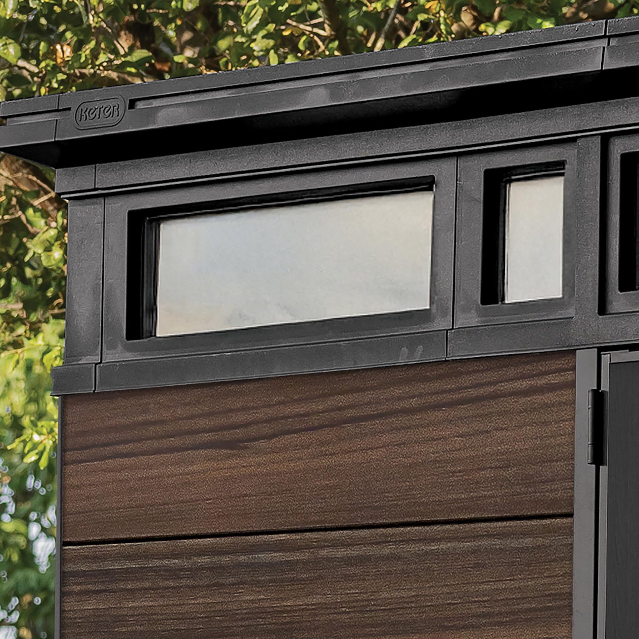 Keter Signature 7x7ft Pent Shed - Rosewood| Premium Weather‑Resistant Outdoor Storage with Steel‑Reinforced Roof & Lockable Double Doors