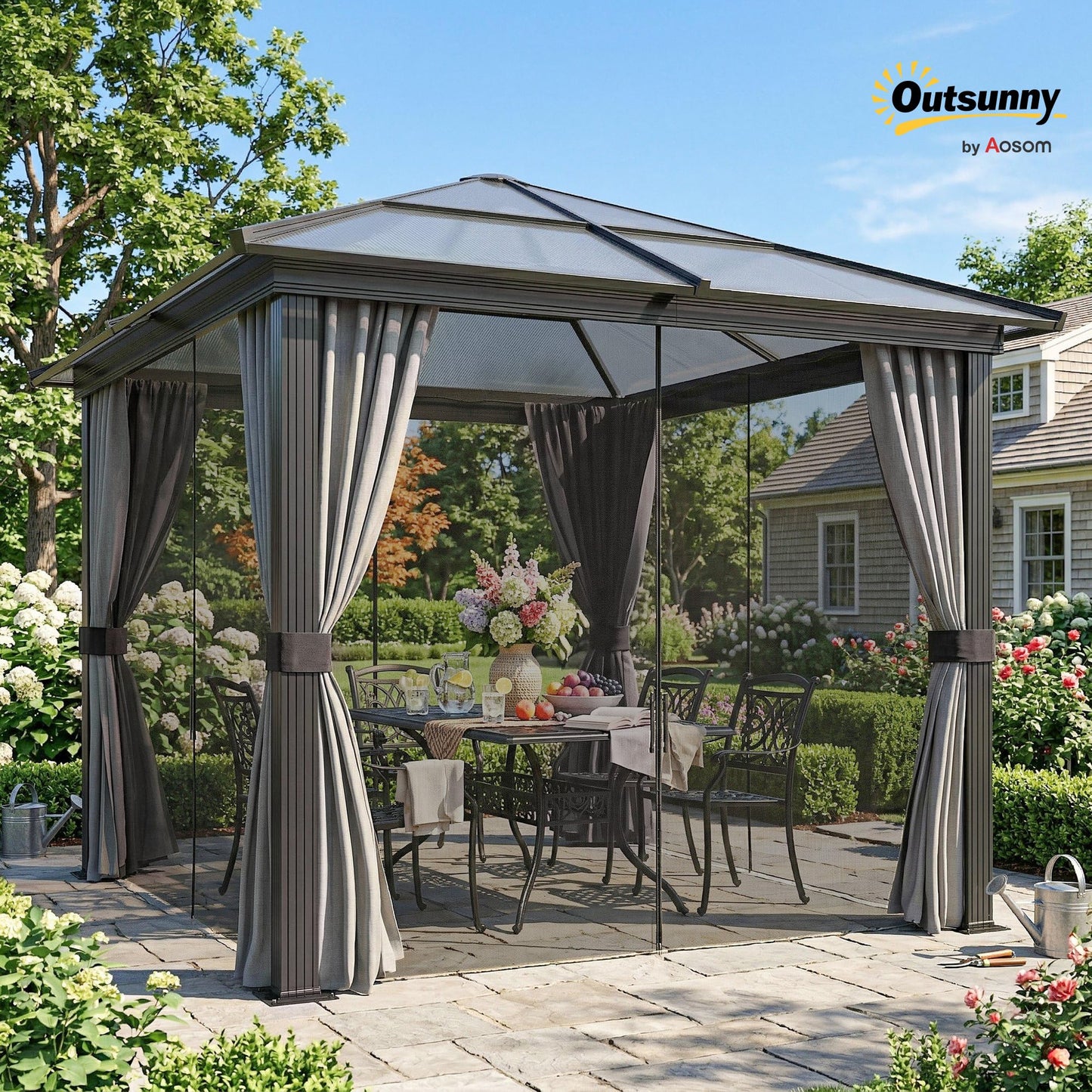 Outsunny 3 x 3(m) Hardtop Gazebo with UV Resistant Polycarbonate Roof & Aluminium Frame, Garden Pavilion with Mosquito Netting and Curtains Black