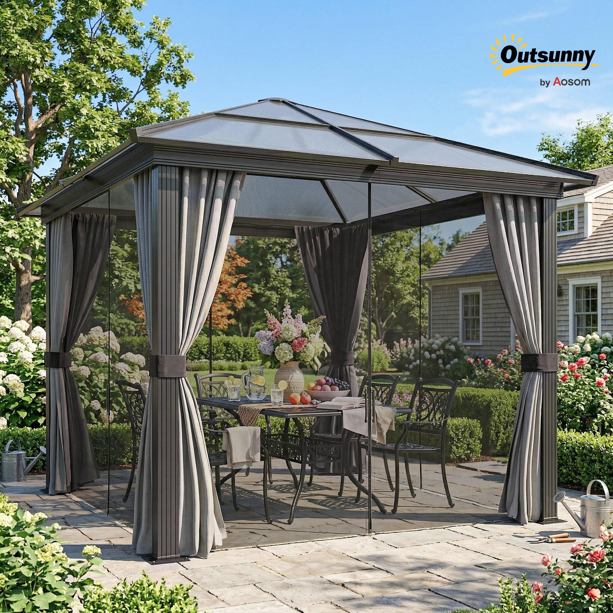 Outsunny 3 x 3(m) Hardtop Gazebo with UV Resistant Polycarbonate Roof & Aluminium Frame, Garden Pavilion with Mosquito Netting and Curtains Black