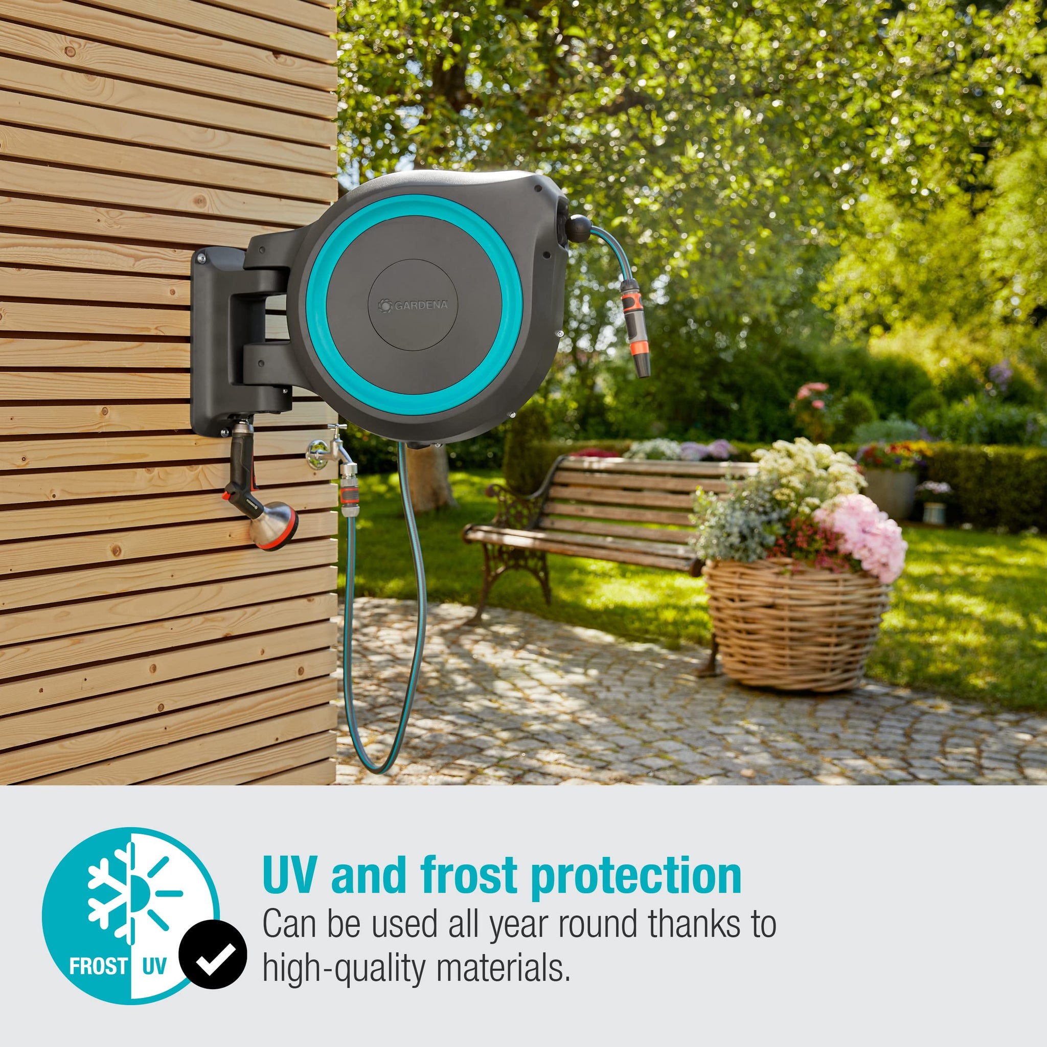 Gardena Wall-Mounted Hose Box Rollup XL (Turquoise) 35 m: Versatile Watering System for Large Gardens, Swivel Hose Box, Including 35 m Gardena Hose and mounting kit (18630-20)