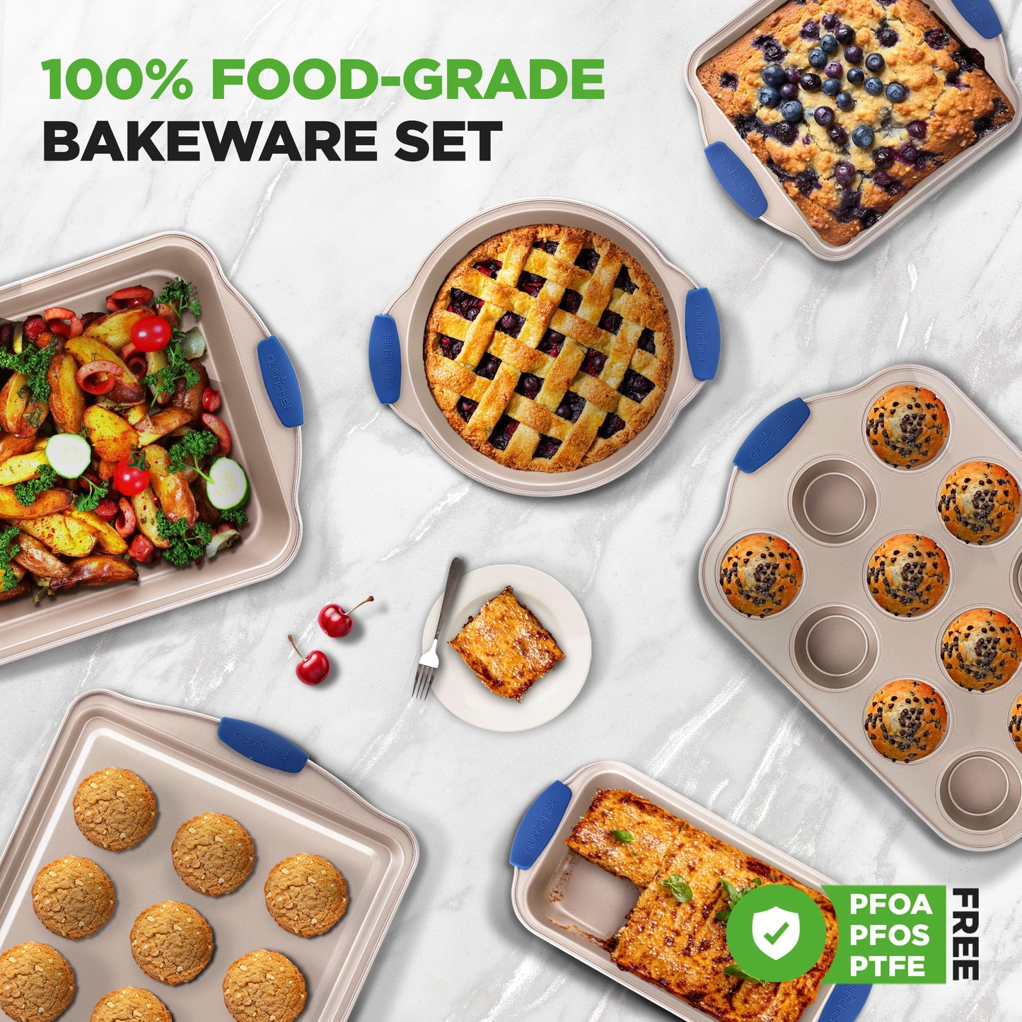 NutriChef Bakeware Set 6-Piece, Nonstick Gold Baking Pans with Heat-Safe Handles, Includes Cookie Sheets, Roasting Pan, Loaf Pan, Muffin Tin & Square Cake Pan, Durable & Oven Safe