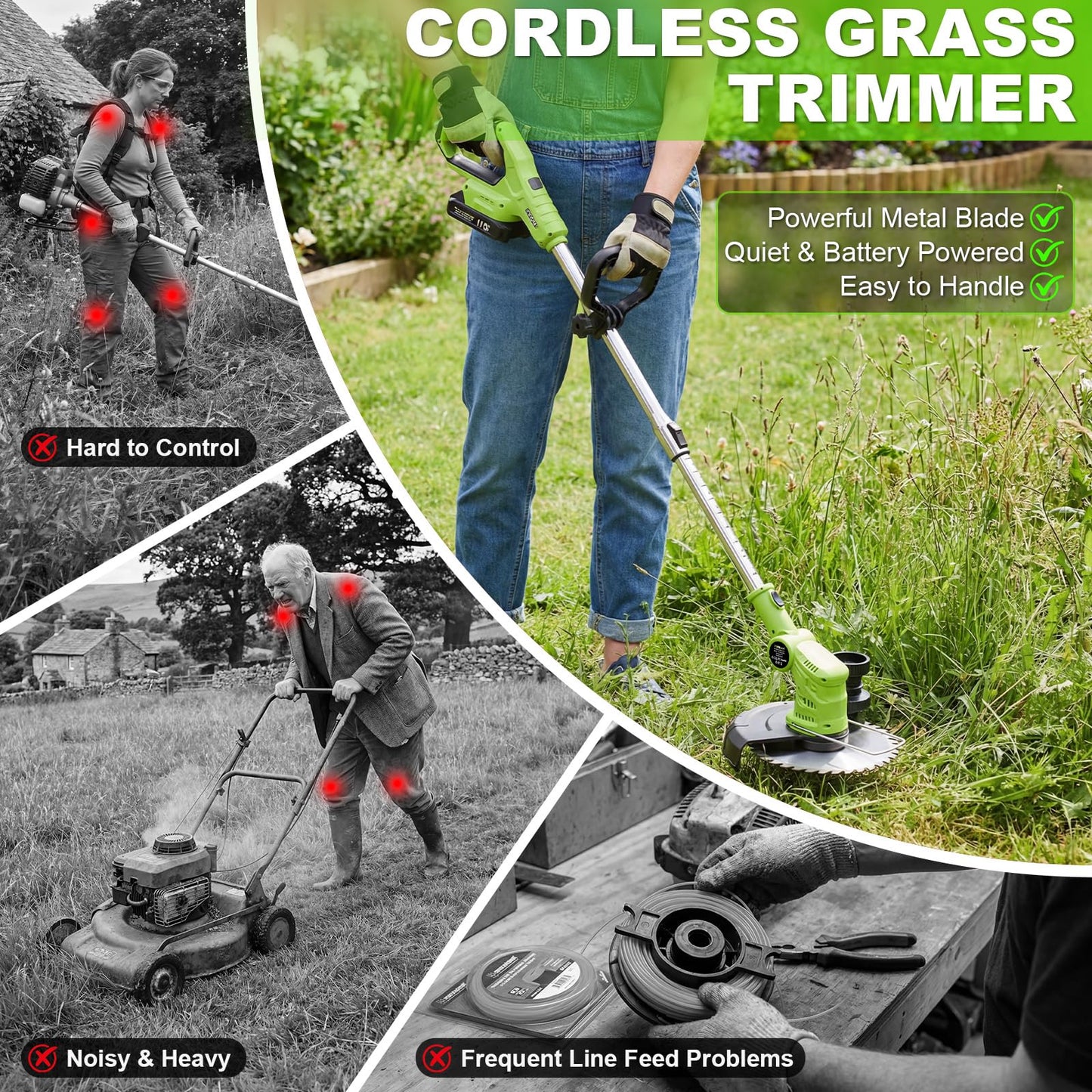 VOERJIA Cordless Strimmer Lightweight 750W with LCD Battery Display, Grass Trimmer and Brush Cutter with 2 x 2.0Ah Battery and Charger, 14-Piece 4-in-1 Garden Kit (Pro Edition)