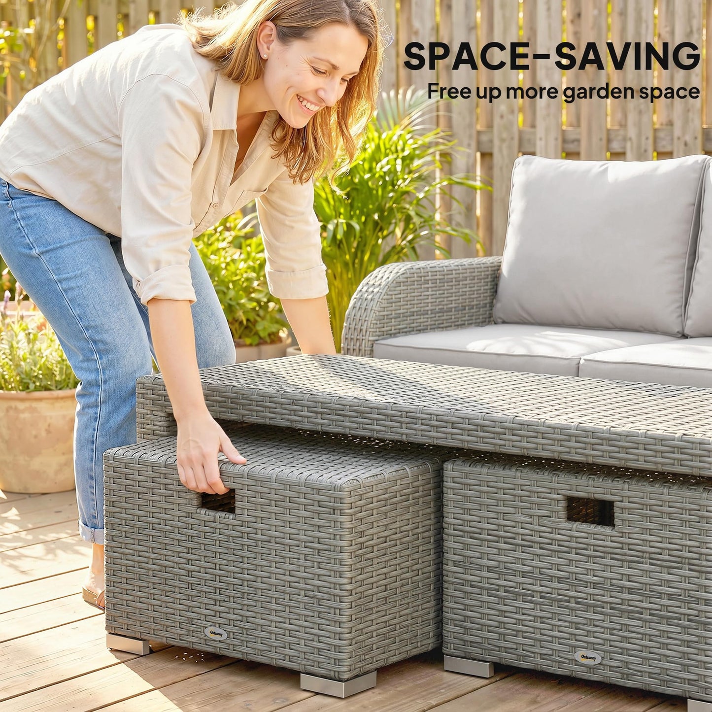 Outsunny 7 Seater Rattan Garden Furniture Set, 2 Reclining Chairs, 3 Seater Sofa, Coffee Table, Footstools, Space-Saving 6 Piece Outdoor Patio Furniture Conversation Set with Cushions, Light Grey