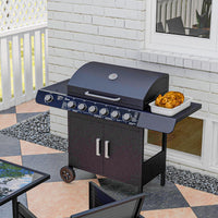 Outsunny 6+1 Burner Gas BBQ Grill, Outdoor Barbecue Trolley with Wheels, Warming Rack, Side Shelves, Cabinet, Thermometer for Garden, Party, Camping, 135 x 51.5 x 100cm, Black