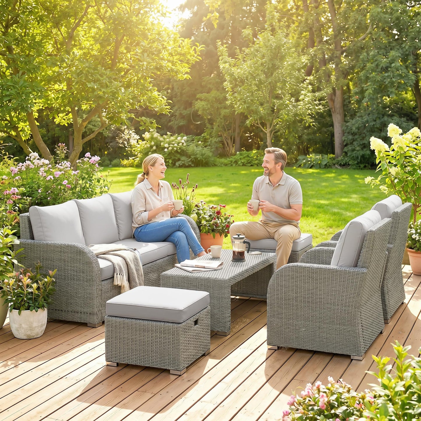 Outsunny 7 Seater Rattan Garden Furniture Set, 2 Reclining Chairs, 3 Seater Sofa, Coffee Table, Footstools, Space-Saving 6 Piece Outdoor Patio Furniture Conversation Set with Cushions, Light Grey