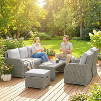 Outsunny 7 Seater Rattan Garden Furniture Set, 2 Reclining Chairs, 3 Seater Sofa, Coffee Table, Footstools, Space-Saving 6 Piece Outdoor Patio Furniture Conversation Set with Cushions, Light Grey