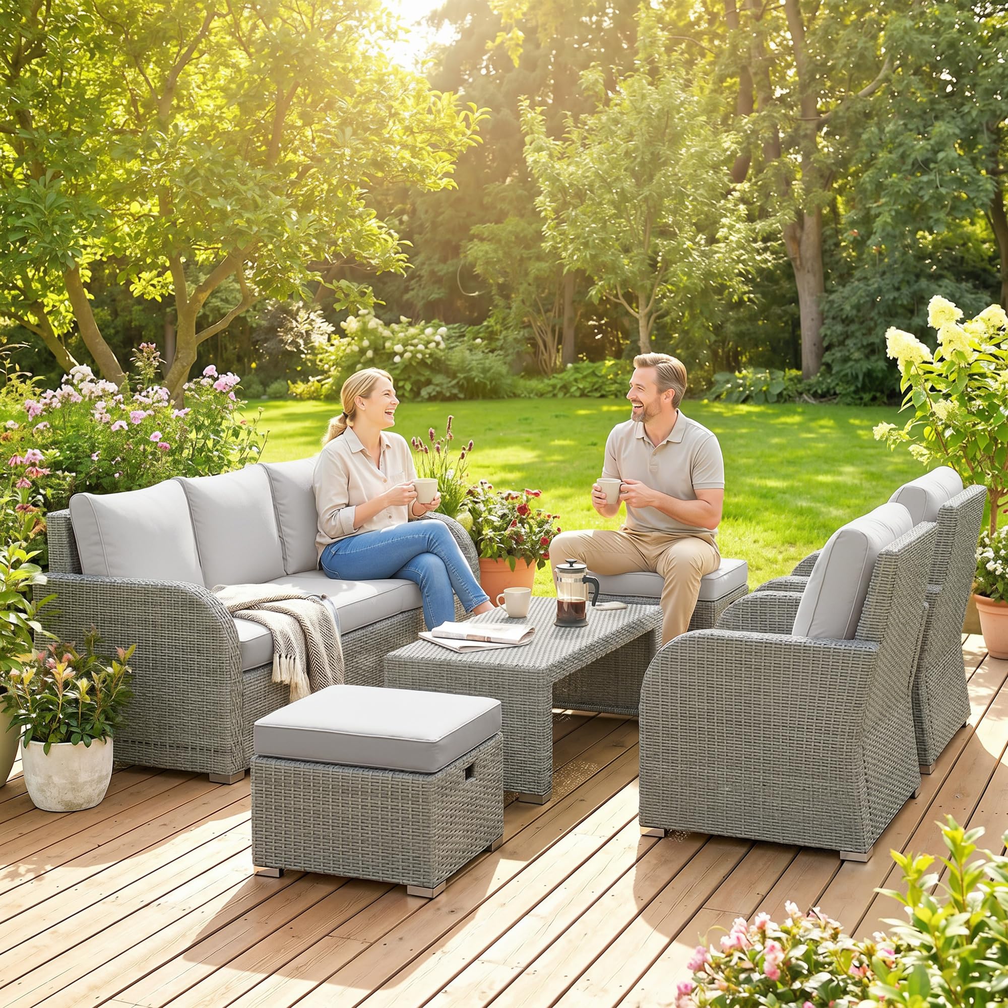 Outsunny 7 Seater Rattan Garden Furniture Set, 2 Reclining Chairs, 3 Seater Sofa, Coffee Table, Footstools, Space-Saving 6 Piece Outdoor Patio Furniture Conversation Set with Cushions, Light Grey