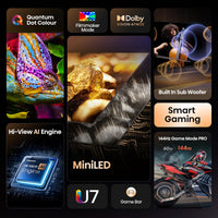 Hisense 65" 65U7QTUK MiniLED QLED 144Hz Smart AI TV - Hi-View AI Engine, 144Hz Game Mode PRO, 2.1 Channel, Dolby Atmos, Quantum Dot Colour, Anti-Reflection with Freely, Disney +, YouTube, Netflix
