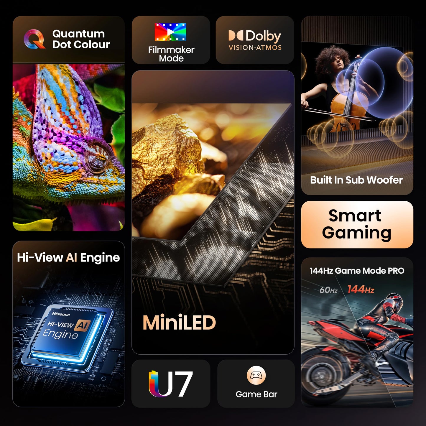 Hisense 55" 55U7QTUK MiniLED QLED 144Hz Smart AI TV - Hi-View AI Engine, 144Hz Game Mode PRO, 2.1 Channel, Dolby Atmos, Quantum Dot Colour, Anti-Reflection with Freely, Disney +, YouTube, Netflix