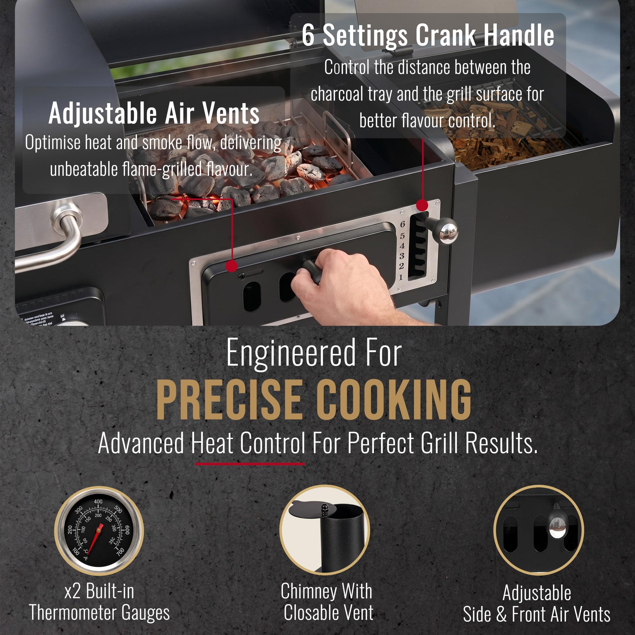 CosmoGrill Hybrid 4 Burner Barbecue DUO Dual Fuel BBQ 3+1 Gas Grill & Charcoal Smoker BBQ Grill, Built-in Thermometer, Warming Rack, Outdoor Portable Large Coal Barbecue for Home Garden Party Cooking.