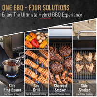 CosmoGrill Hybrid 4 Burner Barbecue DUO Dual Fuel BBQ 3+1 Gas Grill & Charcoal Smoker BBQ Grill, Built-in Thermometer, Warming Rack, Outdoor Portable Large Coal Barbecue for Home Garden Party Cooking.