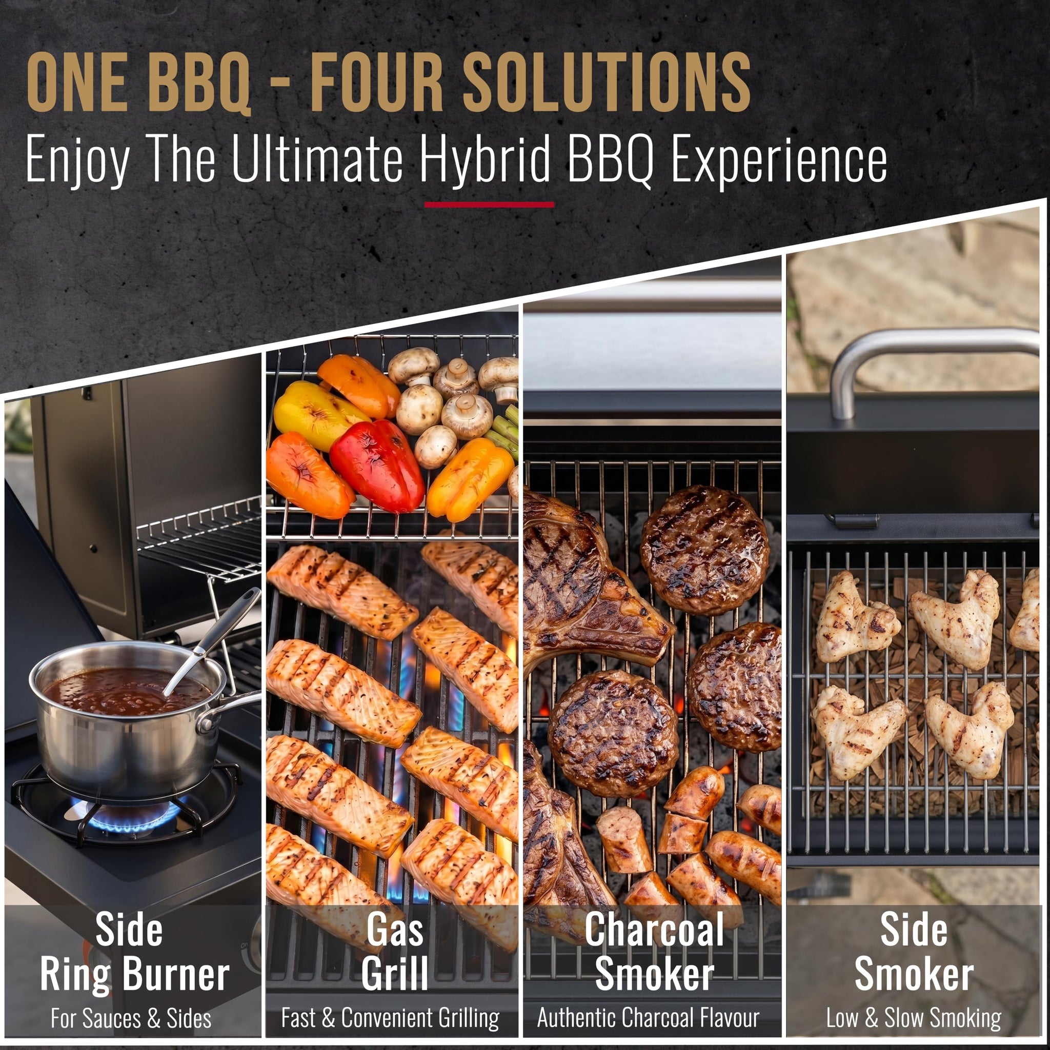 CosmoGrill Hybrid 4 Burner Barbecue DUO Dual Fuel BBQ 3+1 Gas Grill & Charcoal Smoker BBQ Grill, Built-in Thermometer, Warming Rack, Outdoor Portable Large Coal Barbecue for Home Garden Party Cooking.