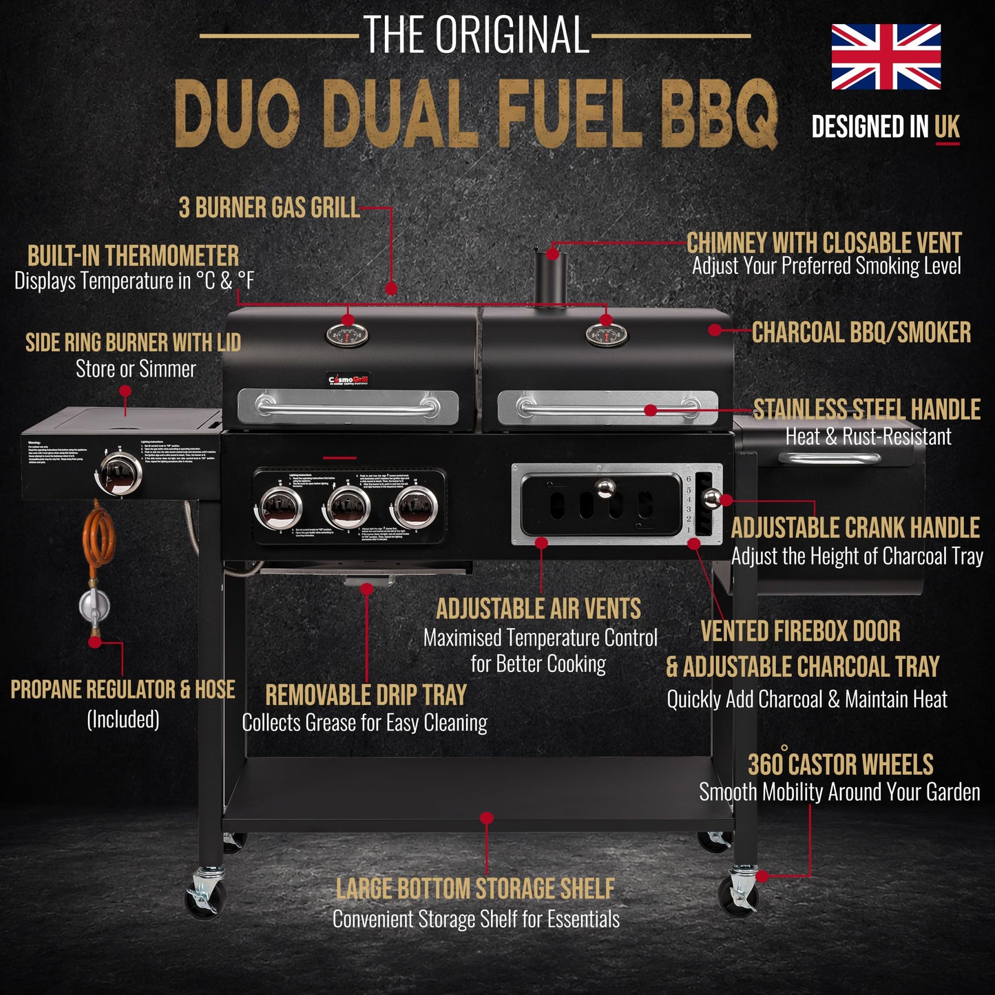 CosmoGrill Hybrid 4 Burner Barbecue DUO Dual Fuel BBQ 3+1 Gas Grill & Charcoal Smoker BBQ Grill, Built-in Thermometer, Warming Rack, Outdoor Portable Large Coal Barbecue for Home Garden Party Cooking.