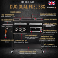 CosmoGrill Hybrid 4 Burner Barbecue DUO Dual Fuel BBQ 3+1 Gas Grill & Charcoal Smoker BBQ Grill, Built-in Thermometer, Warming Rack, Outdoor Portable Large Coal Barbecue for Home Garden Party Cooking.