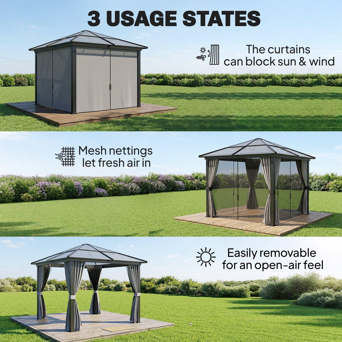 Outsunny 3 x 3(m) Hardtop Gazebo with UV Resistant Polycarbonate Roof & Aluminium Frame, Garden Pavilion with Mosquito Netting and Curtains Black