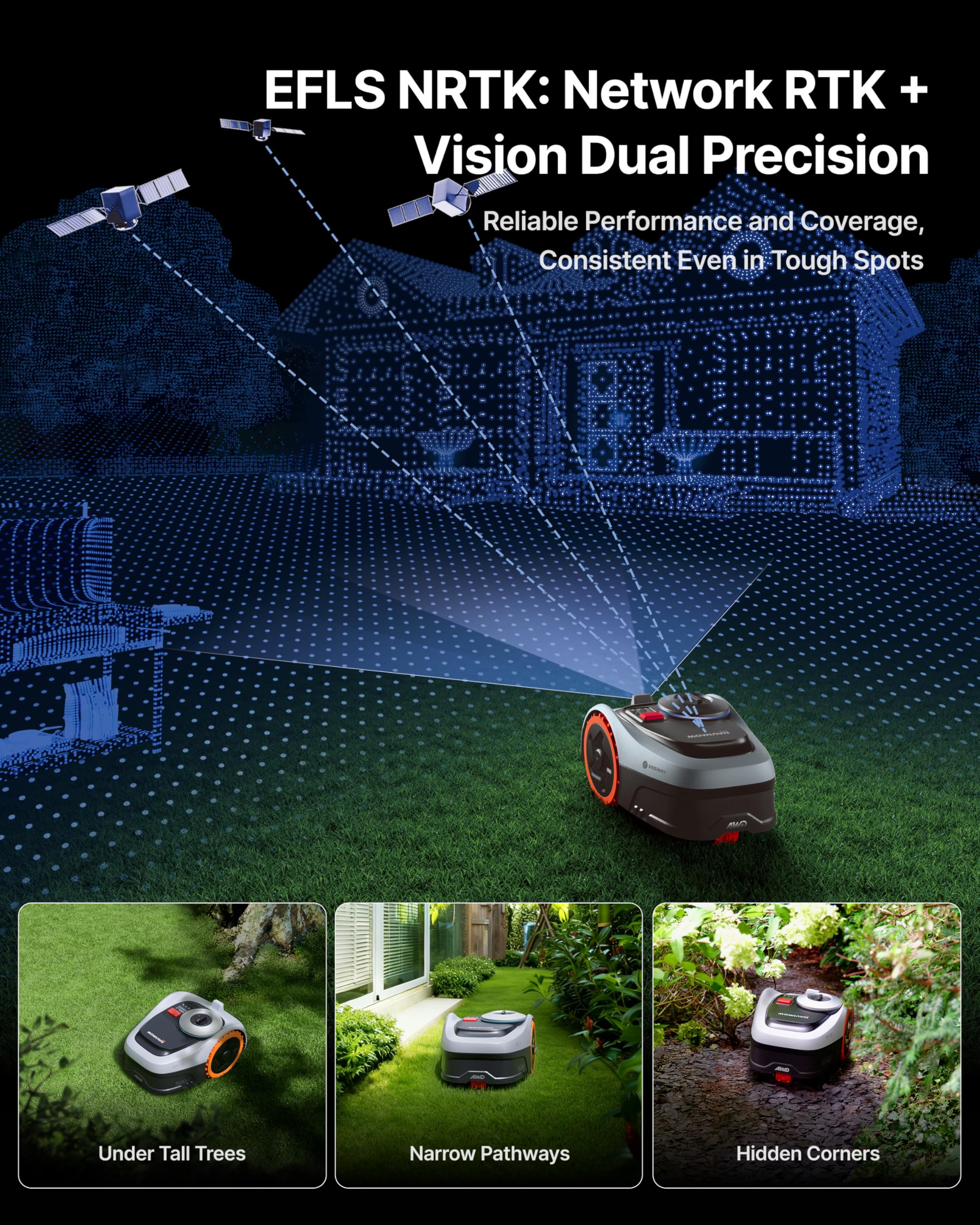 Segway Navimow i205 AWD Robotic Lawn Mower without Boundary, w/Garage S, All-Wheel-Drive for 45% Slopes, EFLS NRTK + Vision, Auto Mapping, Rec. 500 m², No RTK Antenna Required (Ship Separately)
