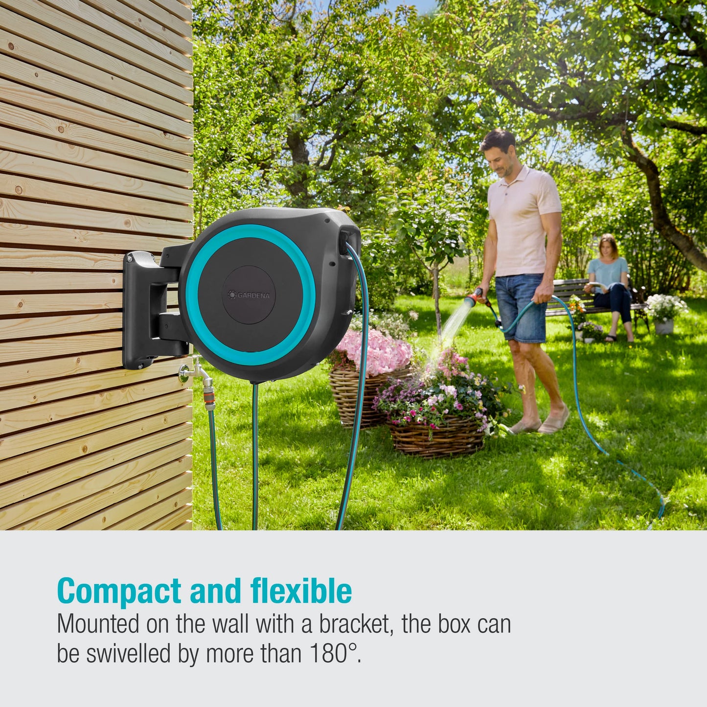 Gardena Wall-Mounted Hose Box Rollup XL (Turquoise) 35 m: Versatile Watering System for Large Gardens, Swivel Hose Box, Including 35 m Gardena Hose and mounting kit (18630-20)
