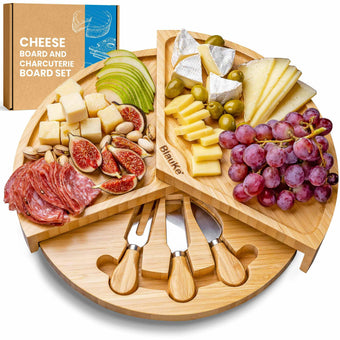 compare product BlauKe® Bamboo Cheese Board and Knife Set – 37cm Round Charcuterie Board, Serving Platter, Slide-Out Drawer, Cheese Knives – Wooden Cheese Board Gift Set
