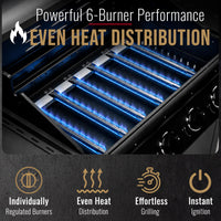 CosmoGrill Pro Deluxe 7 Gas Burner 6+1 Barbecue Grill Steel Warming Rack, Side-Burner, Built-in Temperature Gauge for Home Garden Party Outdoor Cooking (Black)