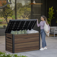 Keter Signature Ontario 870L Outdoor Storage Box – Rosewood | Weather‑Resistant Wood‑Look Storage Box with Lockable Lid, Extra Seating for 2, UV‑Protected Garden Storage