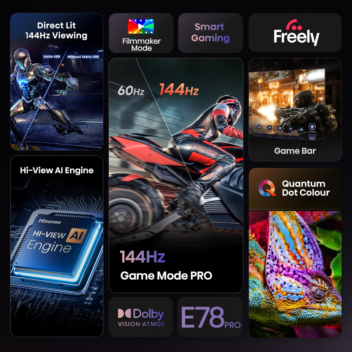 Hisense 85" 85E78QTUK PRO 144Hz QLED Smart AI TV - Hi-View AI Engine, 144Hz Game Mode PRO, Dolby Atmos, Quantum Dot Colour with Freely, Disney +, YouTube, Netflix