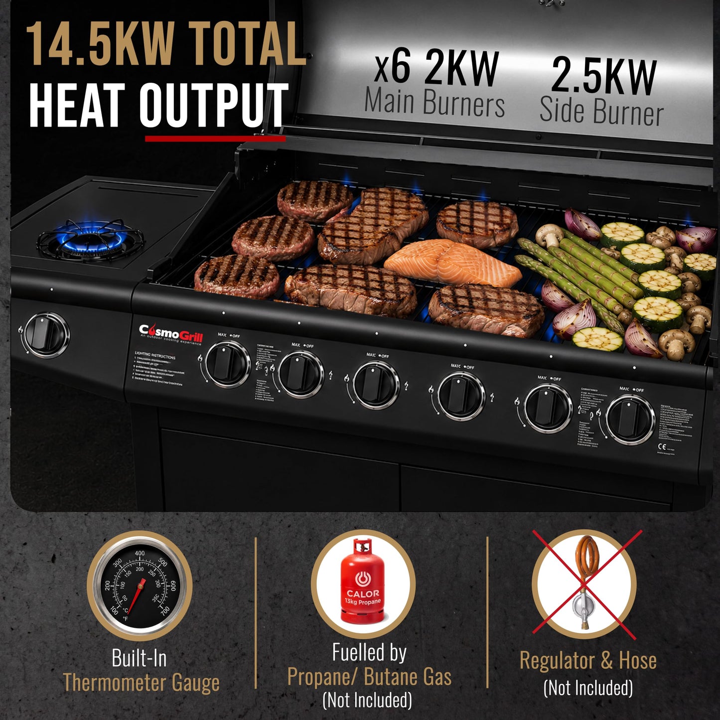 CosmoGrill Pro Deluxe 7 Gas Burner 6+1 Barbecue Grill Steel Warming Rack, Side-Burner, Built-in Temperature Gauge for Home Garden Party Outdoor Cooking (Black)