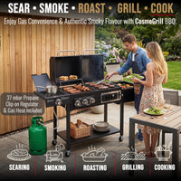 CosmoGrill Hybrid 4 Burner Barbecue DUO Dual Fuel BBQ 3+1 Gas Grill & Charcoal Smoker BBQ Grill, Built-in Thermometer, Warming Rack, Outdoor Portable Large Coal Barbecue for Home Garden Party Cooking.