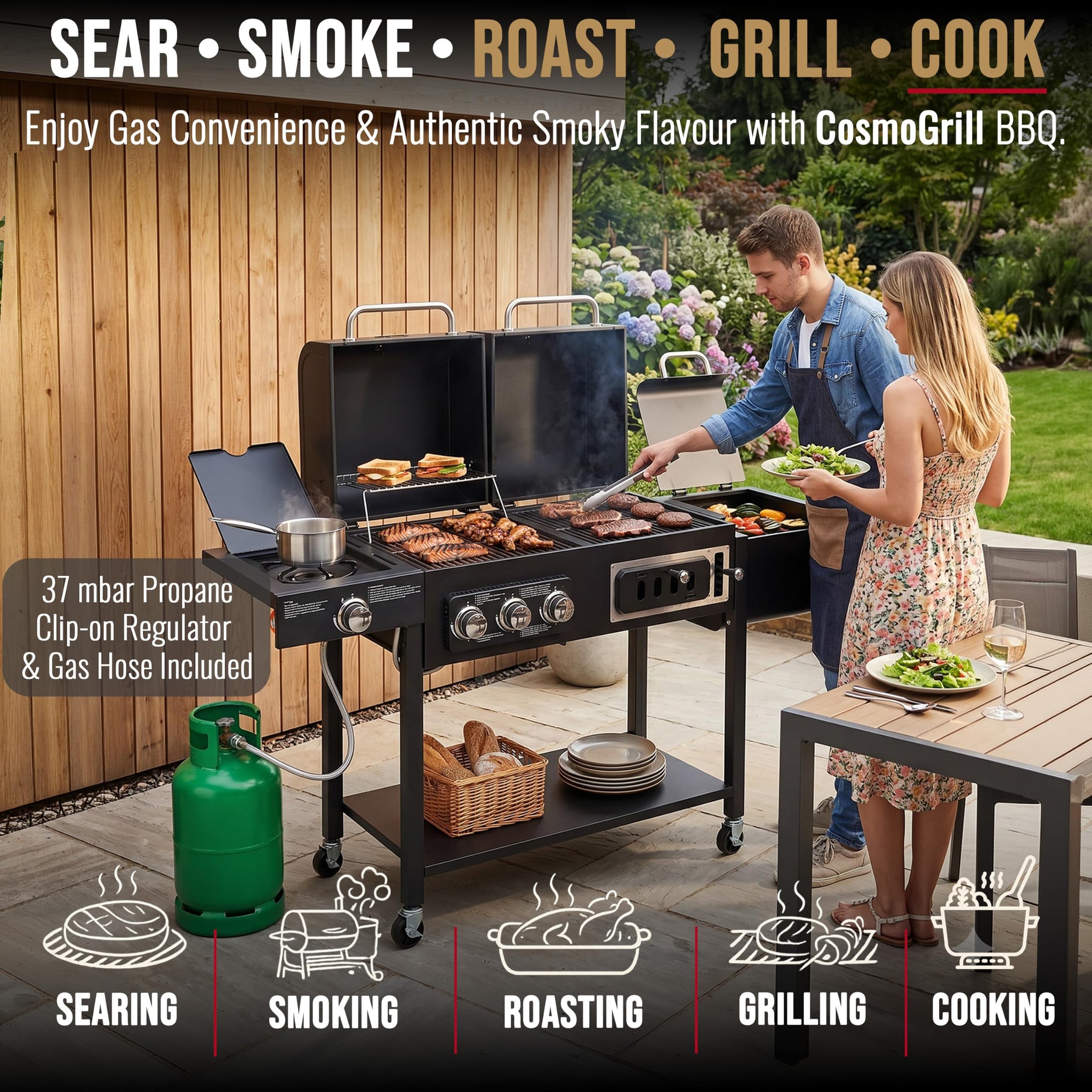 CosmoGrill Hybrid 4 Burner Barbecue DUO Dual Fuel BBQ 3+1 Gas Grill & Charcoal Smoker BBQ Grill, Built-in Thermometer, Warming Rack, Outdoor Portable Large Coal Barbecue for Home Garden Party Cooking.