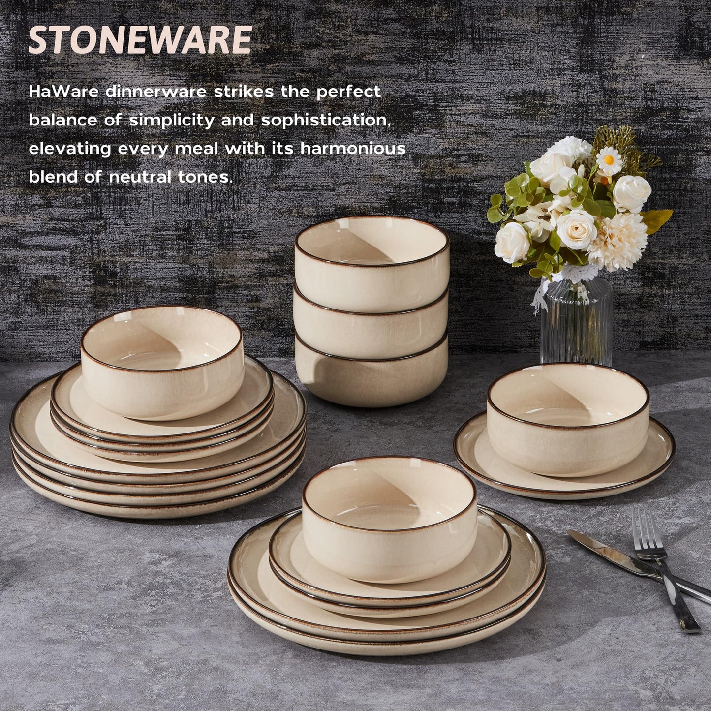 HaWare 18 Piece Dinner Set, Stoneware Dinnerware Service for 6, Reactive Glaze Dining Ware Include Plates and Bowls, Chip and Scratch Resistant, Microwave & Dishwasher Safe, Cream Khaki