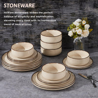 HaWare 18 Piece Dinner Set, Stoneware Dinnerware Service for 6, Reactive Glaze Dining Ware Include Plates and Bowls, Chip and Scratch Resistant, Microwave & Dishwasher Safe, Cream Khaki