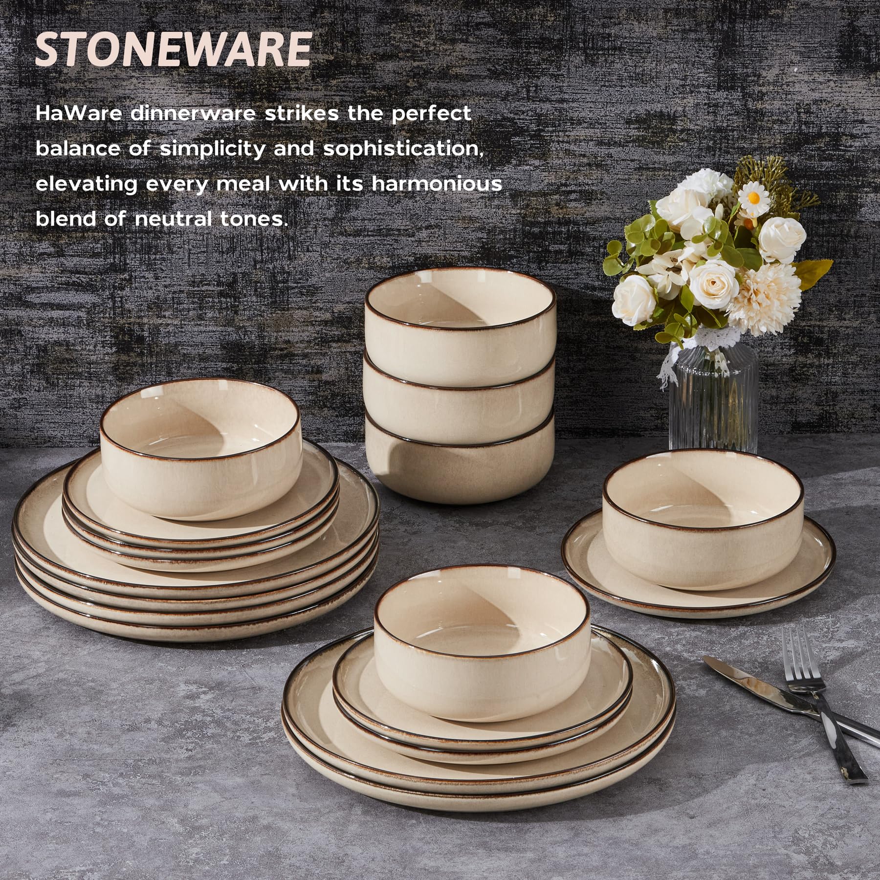 HaWare 18 Piece Dinner Set, Stoneware Dinnerware Service for 6, Reactive Glaze Dining Ware Include Plates and Bowls, Chip and Scratch Resistant, Microwave & Dishwasher Safe, Cream Khaki