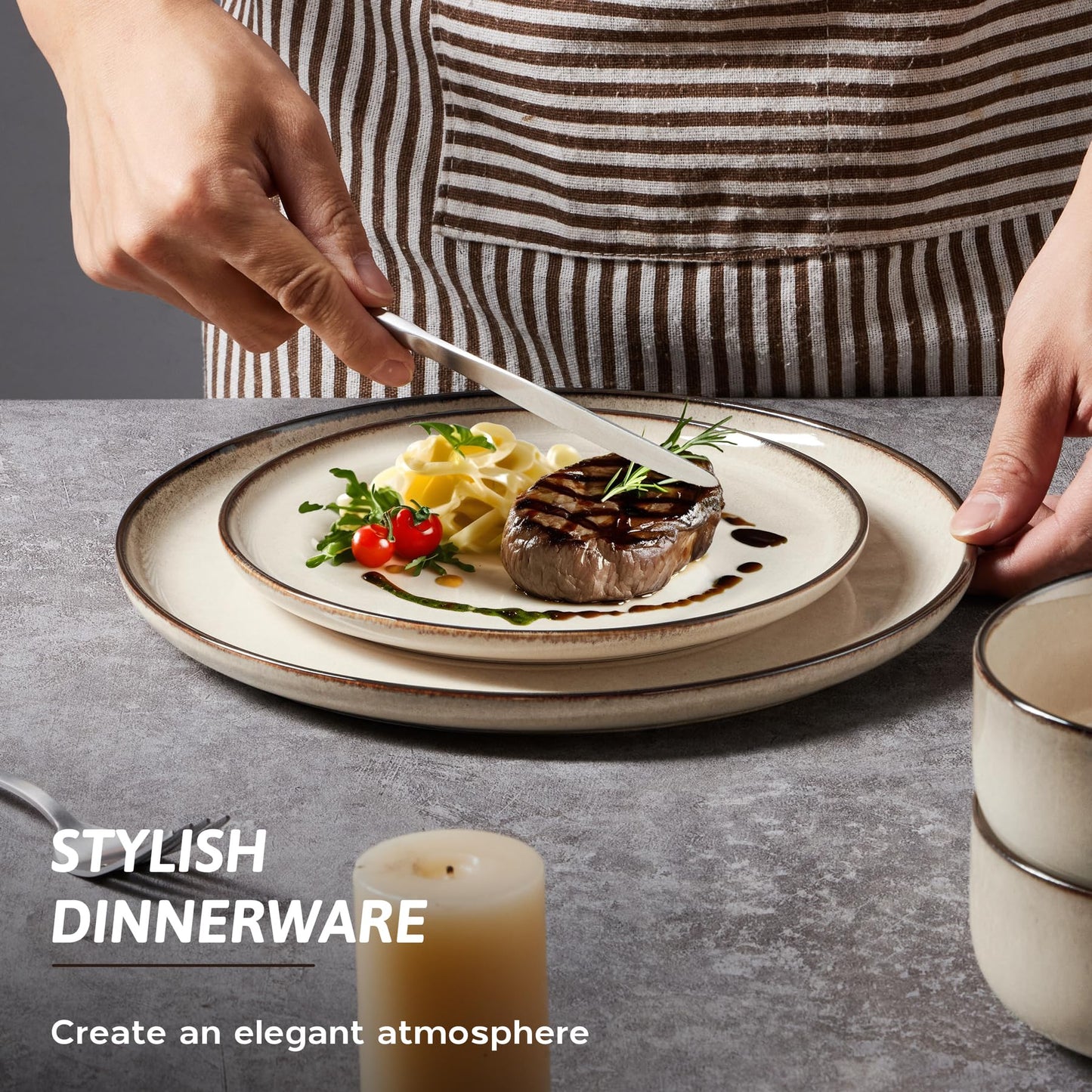 HaWare 18 Piece Dinner Set, Stoneware Dinnerware Service for 6, Reactive Glaze Dining Ware Include Plates and Bowls, Chip and Scratch Resistant, Microwave & Dishwasher Safe, Cream Khaki