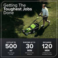 Greenworks 40V Cordless Lawnmower for Lawns up to 500m², 41cm Cutting Width, 50L Bag, Two of 40V 2Ah Batteries & One Charger, 3 Year Guarantee-G40LM41K2X, Green, Black, Grey