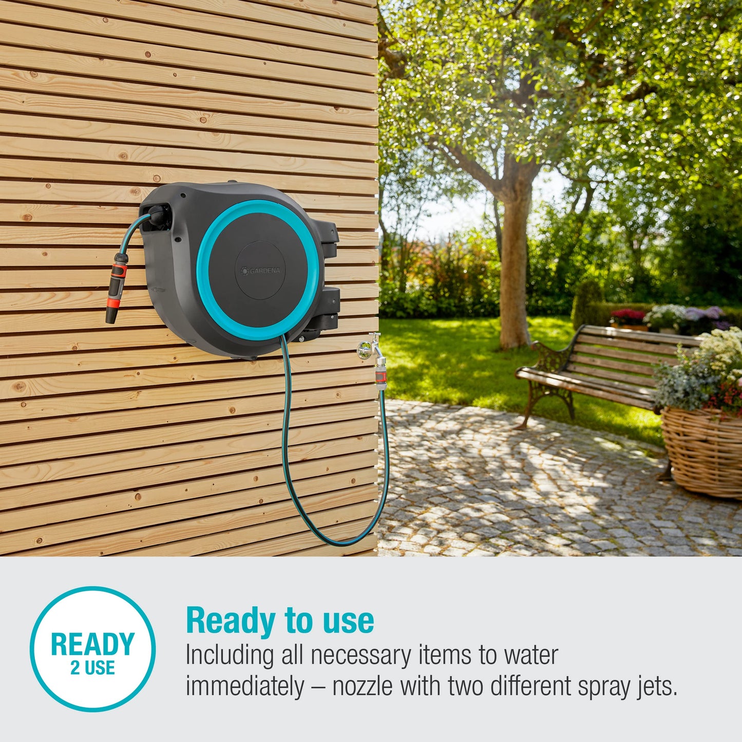 Gardena Wall-Mounted Hose Box Rollup XL (Turquoise) 35 m: Versatile Watering System for Large Gardens, Swivel Hose Box, Including 35 m Gardena Hose and mounting kit (18630-20)